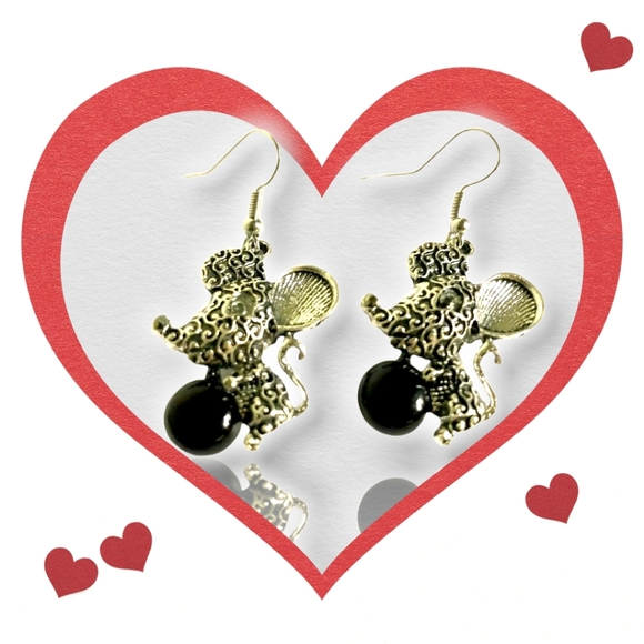 Silver plated black stone crystal mouse necklace earring bracelet set - Picture 6 of 13